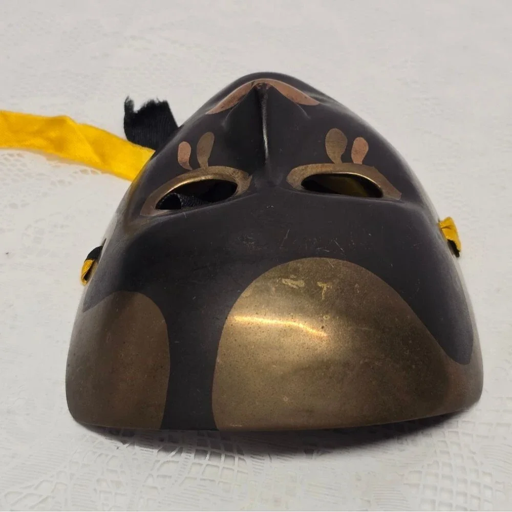 Vintage Solid Brass Theater Entity Mask Black Gold Wall Hanging MCM Decor